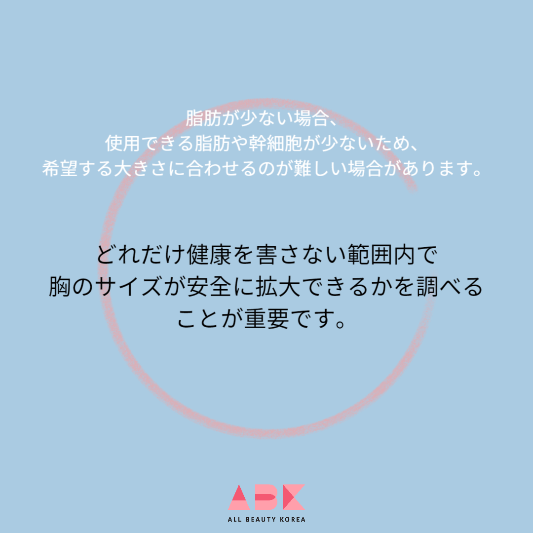 せすぎたり体の脂肪が少ない方は抽出できる量が少ないという点を認知しなければなりません。なので手術前相談の時にこの部分も確認してください。 つまり、どれだけ健康を害さない範囲内で胸のサイズが安全に拡大できるかを調べることが重要です。