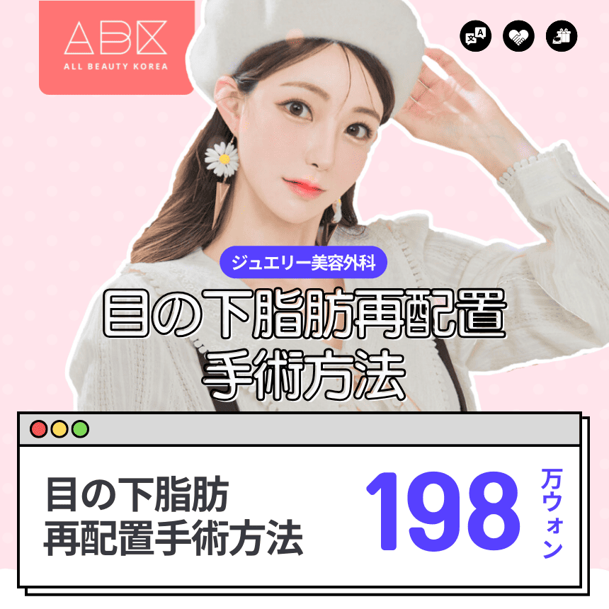 ジュエリー美容外科の目の下脂肪再配置手術方法の紹介。料金は198万ウォンです。
