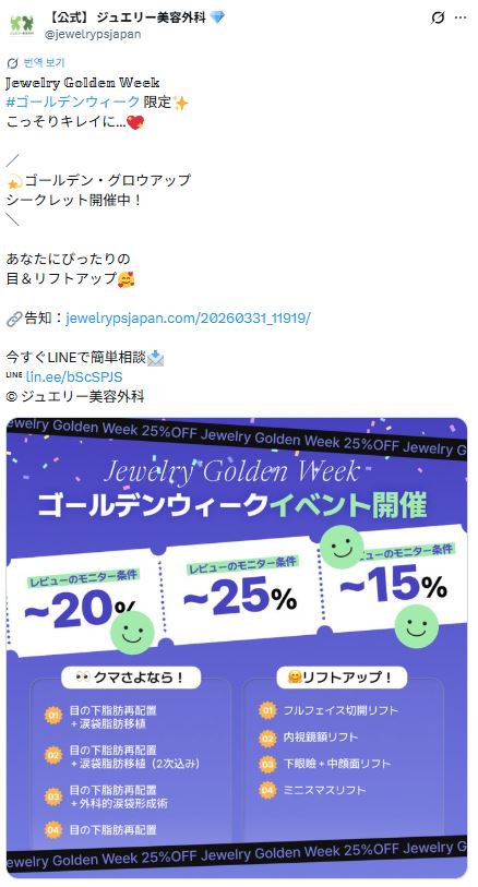 ジュエリー美容外科のX(旧Twitter)投稿のスクリーンショット。「ゴールデン・グロウアップ シークレット開催中!」として、目元とリフトアップの施術を案内しています。添付の紫色の画像には、レビューモニター条件で最大25%割引になることや、「クマさよなら!」として目の下脂肪再配置、「リフトアップ!」として切開リフトなどのメニューが箇条書きで記載されています。