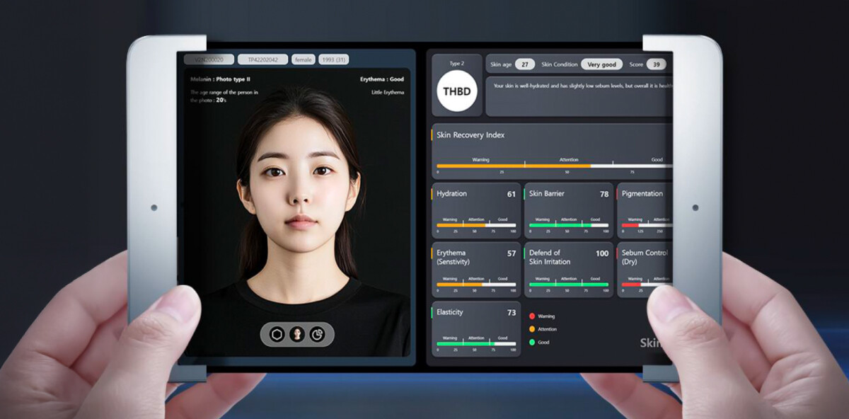 SKENA AI skin analysis screen — each metric displayed as a numerical score for Hydration, Elasticity, Skin Barrier, and more