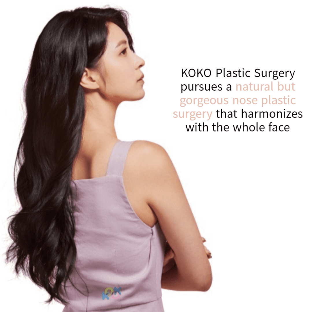 A lady looking back and showing the side profile for silicone rhinoplasty