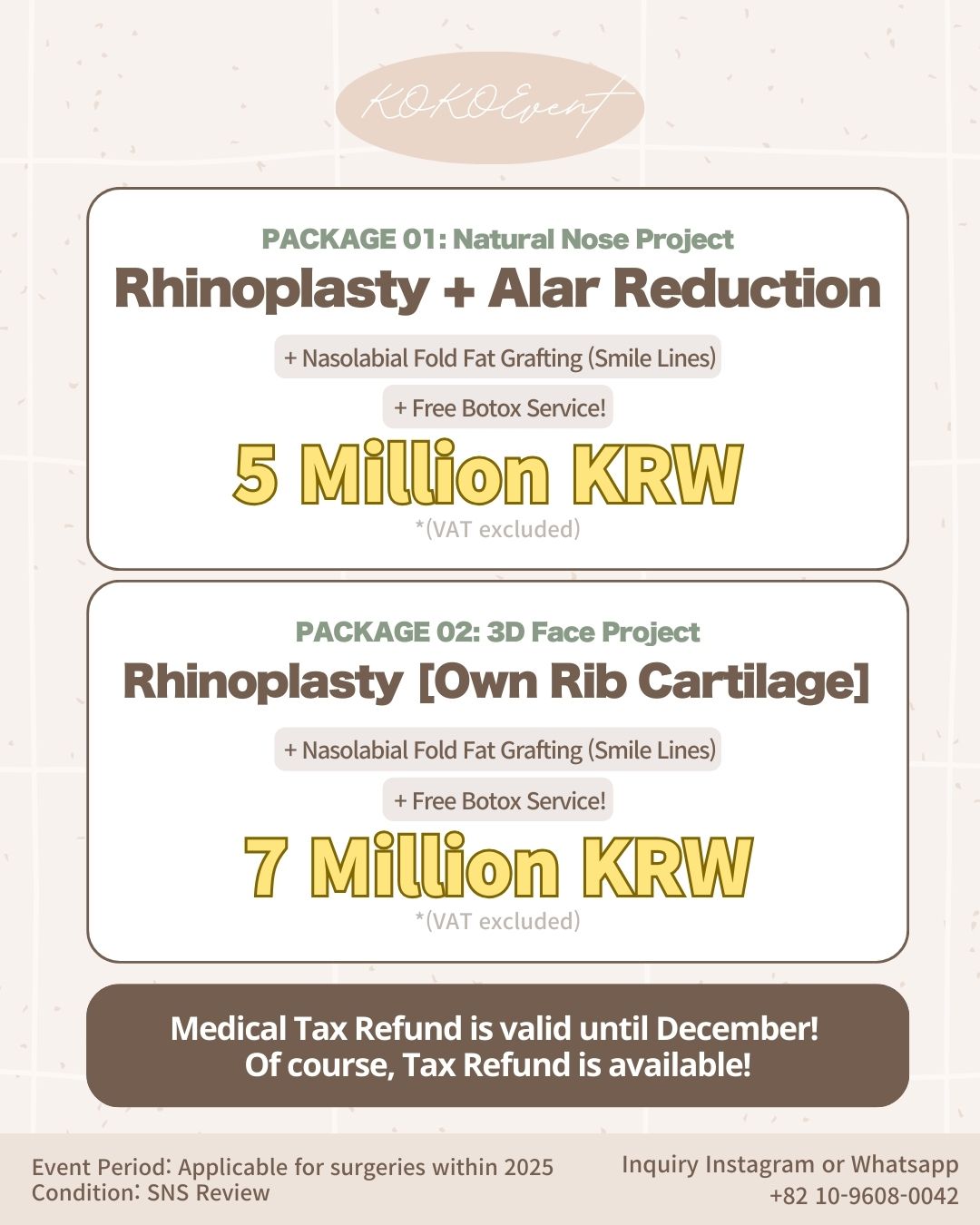KOKO Plastic Surgery's Korean Rhinoplasty package event flyer. The image features Dr. Cho Bae-Jung, a specialist with 25 years of experience at Apgujeong's first nose specialty clinic. It shows before-and-after profile photos of patients. The "Basic Rhinoplasty" package is priced from 3.5 Million KRW, including ear cartilage, septal cartilage, and alar base fat grafting. The event is on a first-come, first-served basis for surgeries within 2025.