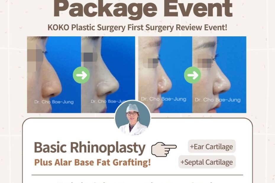 rhinoplasty Promotional images for KOKO Plastic Surgery's Korean Rhinoplasty event in Apgujeong. Includes a profile of Dr. Cho Bae-Jung with 25 years of experience, before-and-after photos of nose surgery patients, and a price list. The basic rhinoplasty package starts at 3.5 million KRW, including alar base fat grafting. Other packages include the "Forgotten Nose" project for 5 million KRW and the "3D Face" project using self-rib cartilage for 7 million KRW. Tax refunds are available until December.