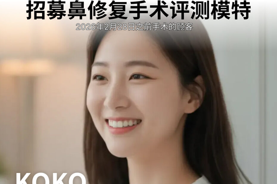 KOKO整形外科鼻修复宣传广告,配图为微笑的女性模特。主标题“告别无尽的鼻修复,修复受损的鼻子”。海报重点展示鼻修复价格信息:330万韩元起(具体费用视材料而定)。包含招募评测模特的文字信息。