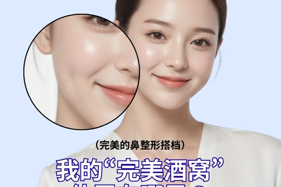 韩国 KOKO整形外科 的宣传海报，主题为“寻找最适合我的酒窝位置”。画面展示了一位拥有迷인微笑的女性，并放大强调了她脸颊上自然可爱的酒窝。文字提示该项目可与“鼻部整形”完美搭配，打造更加精致自然的韩系面孔。