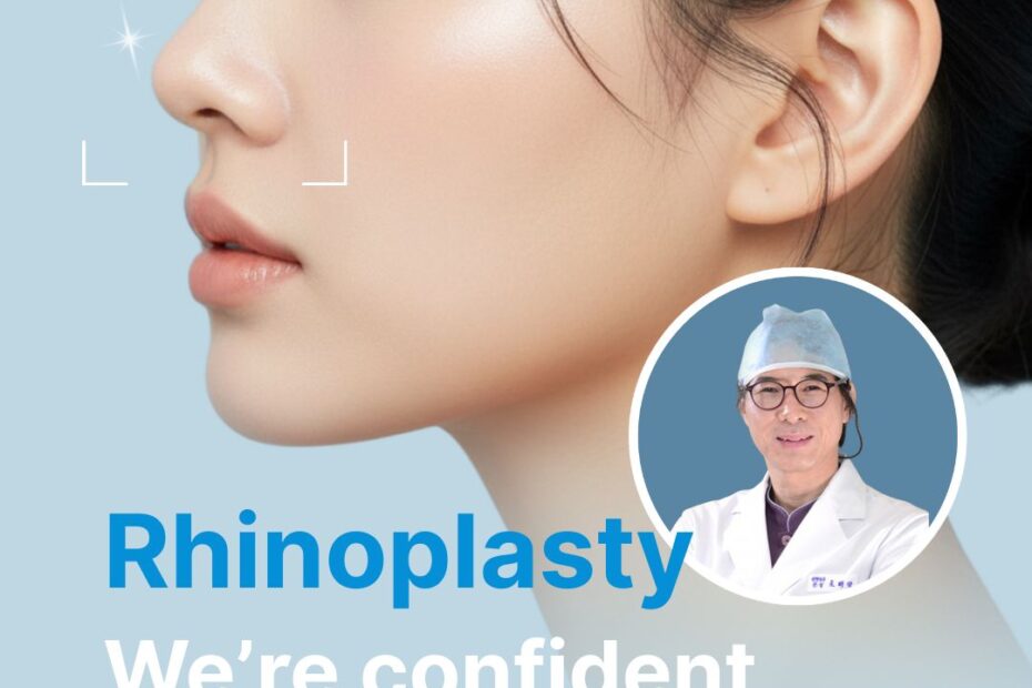 A promotional image for KOK Beauty Clinic featuring a woman’s profile with a perfectly shaped nose. On the right, a circular inset shows Dr. Jo Bae-Jung in medical attire. The text reads: "Rhinoplasty: We’re confident in our results!" followed by hashtags highlighting 25 years of experience, a history without complications, and its status as Korea’s first rhinoplasty specialized clinic.