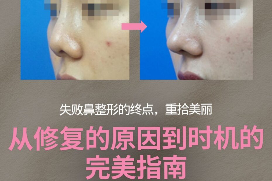 KOKO整形外科鼻修复宣传图。画面中央是一组女性鼻部整形前后的侧脸对比照,中间有粉色箭头指示。图片下方带有大号宣传标语:“失败鼻整形的终点,重拾美丽”以及“从修复的原因到时机的完美指南”。最下方有一个粉色的“立即查看 >>”按钮。