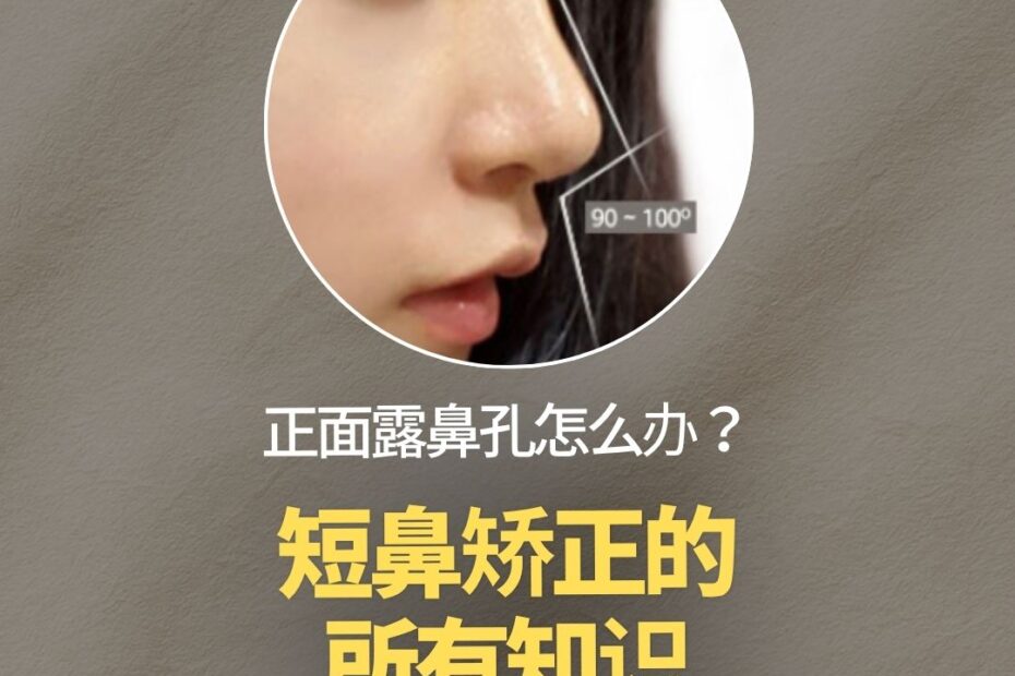 KOKO整形外科的宣传海报。中间是一个圆形的女性侧脸照片,上面用线条标示出了理想的鼻部角度:115~130度和90~100度。照片下方是一行白色文字“正面露鼻孔怎么办?”,紧接着是黄色的醒目大字“短鼻矫正的所有知识”。最下方是一个黄色的按钮,上面写着“查看黄金比例