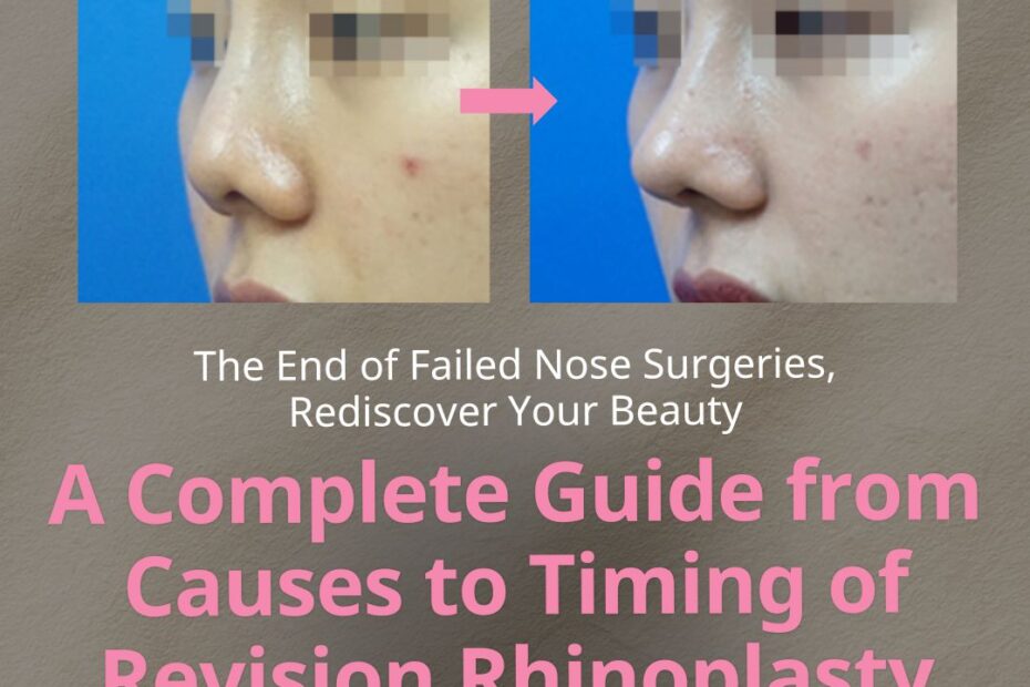 An infographic from KOKO Plastic Surgery Clinic titled "Issues with Implants and Their Position." It visually lists four surgical complications from top to bottom, pairing a photo with text: "When the Implant Itself is Bent" features a diagram of a curved implant inside the nose; "When the Actual Nose Axis is Bent" shows an S-shaped deviation of the nose bridge; "When the Skin Becomes Thinner" displays a reddened, sensitive-looking nose tip; and "When the Implant Moves Excessively" uses contour lines to indicate shifting and instability of the implant.