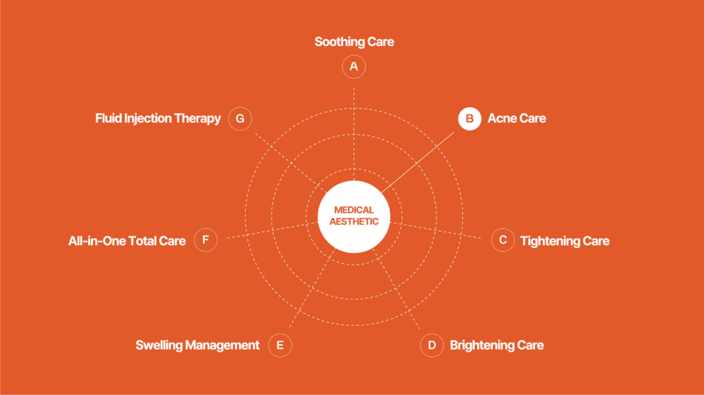 Medical Aesthetic Treatments Diagram - Soothing Care, Acne Care, Tightening Care, Brightening Care, Swelling Management, All-in-One Total Care, Fluid Injection Therapy