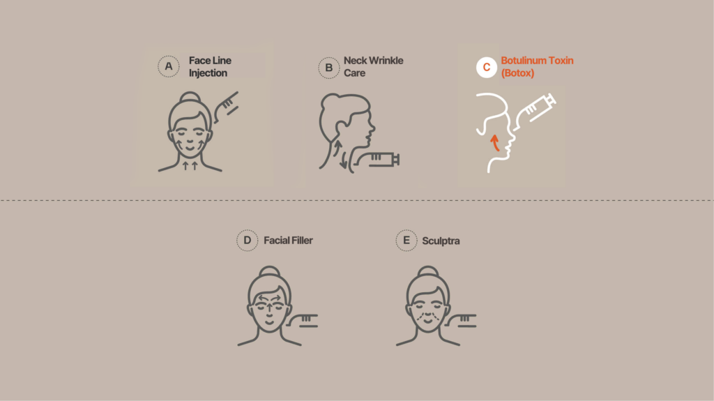 Illustrations of various face line revision treatments: Face Line Injection, Neck Wrinkle Care, Botulinum Toxin (Botox), Facial Filler, and Sculptra