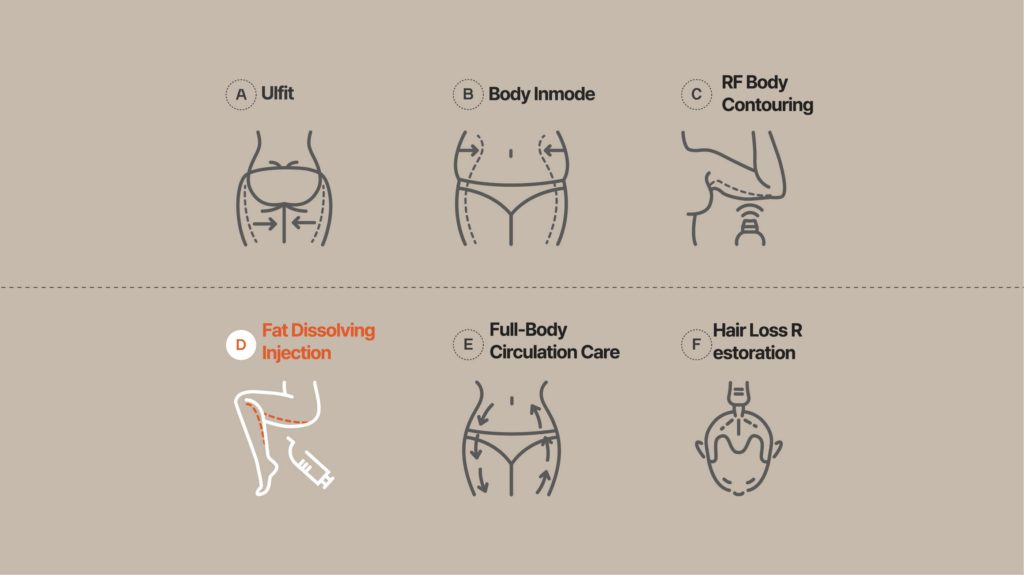 Illustration of Body and Scalp Revision Treatments Highlighting Ufit, Body Inmode, RF Body Contouring, Fat Dissolving Injection, Full-Body Circulation Care, and Hair Loss Restoration