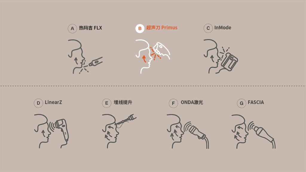 Illustrations depicting different elasticity correction techniques such as Thermage FLX, Ulthera Primus, Inmode, LinearZ, Thread Lift, ONDA, and Revinas Fascia being applied to a patient's face.