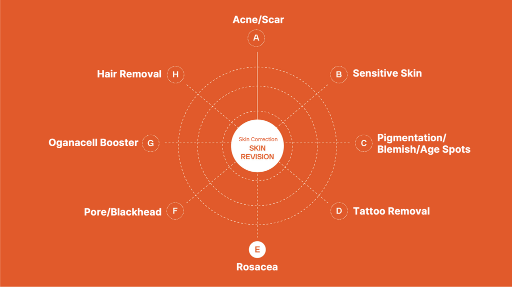 Skin Revision Chart Showing Solutions for Acne, Scars, Sensitive Skin, Pigmentation, Blemishes, Age Spots, Tattoo Removal, Rosacea, Pores, Blackheads, and Hair Removal