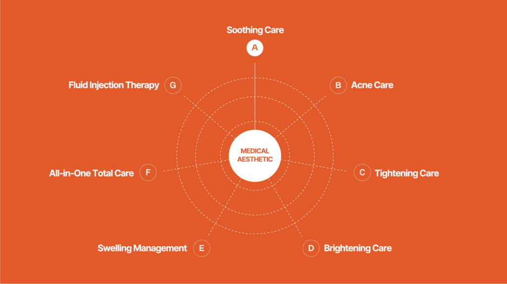 Medical Aesthetic Services Diagram - Soothing Care, Acne Care, Tightening Care, Brightening Care, Swelling Management, All-in-One Total Care, Fluid Injection Therapy