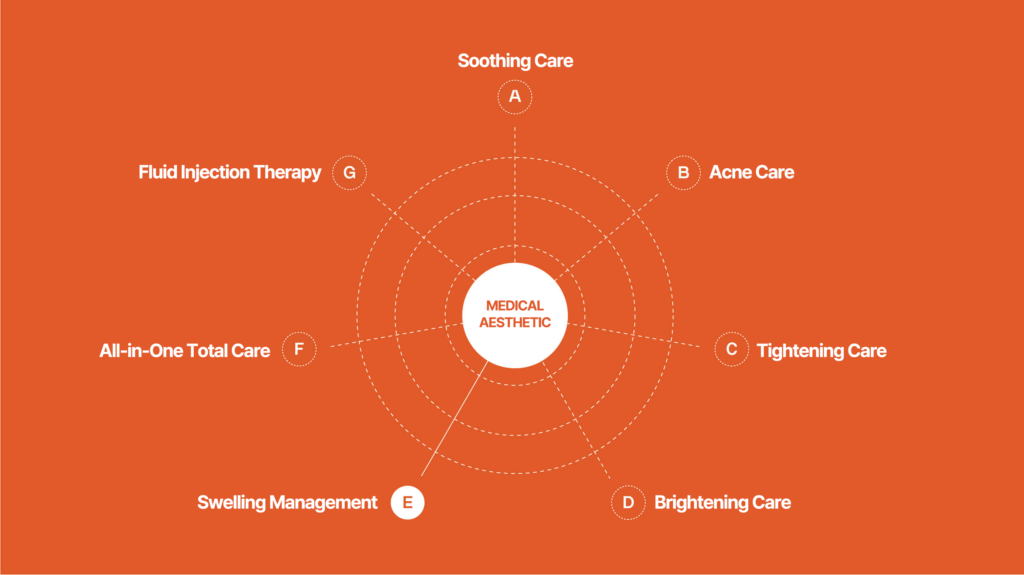 Medical Aesthetic treatment options diagram including soothing care, acne care, tightening care, brightening care, swelling management, all-in-one total care, and fluid injection therapy