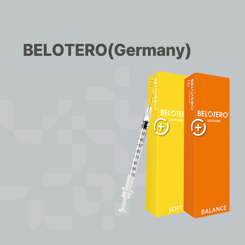 Image showing Belotero dermal filler from Germany with soft (yellow packaging) and balance (orange packaging) options along with a syringe.