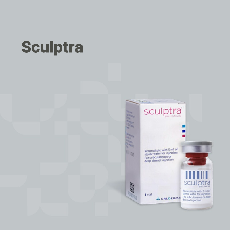 Close-up of Sculptra box and vial for facial rejuvenation