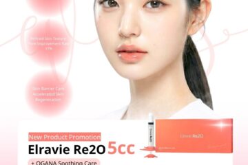 Promotional poster for Oganacell Cheongdam Dermatology Clinic showcasing the Elravie Re20 5cc skin booster with OGANA soothing care. The image features a model with clear, glowing skin and highlights clinical benefits: 11.3% increase in skin density, 17% pore improvement, and accelerated skin regeneration. The special promotional price of KRW 1,287,000 is displayed, along with event details valid until December 31, 2025, and a WhatsApp contact number.