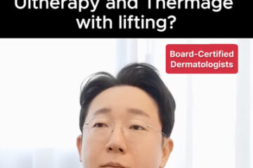 Video thumbnail of a dermatologist discussing lifting with Ultherapy and Thermage; top text asks, 'Maximize the effects of Ultherapy and Thermage with lifting?'; red badge reads 'Board-Certified Dermatologists'