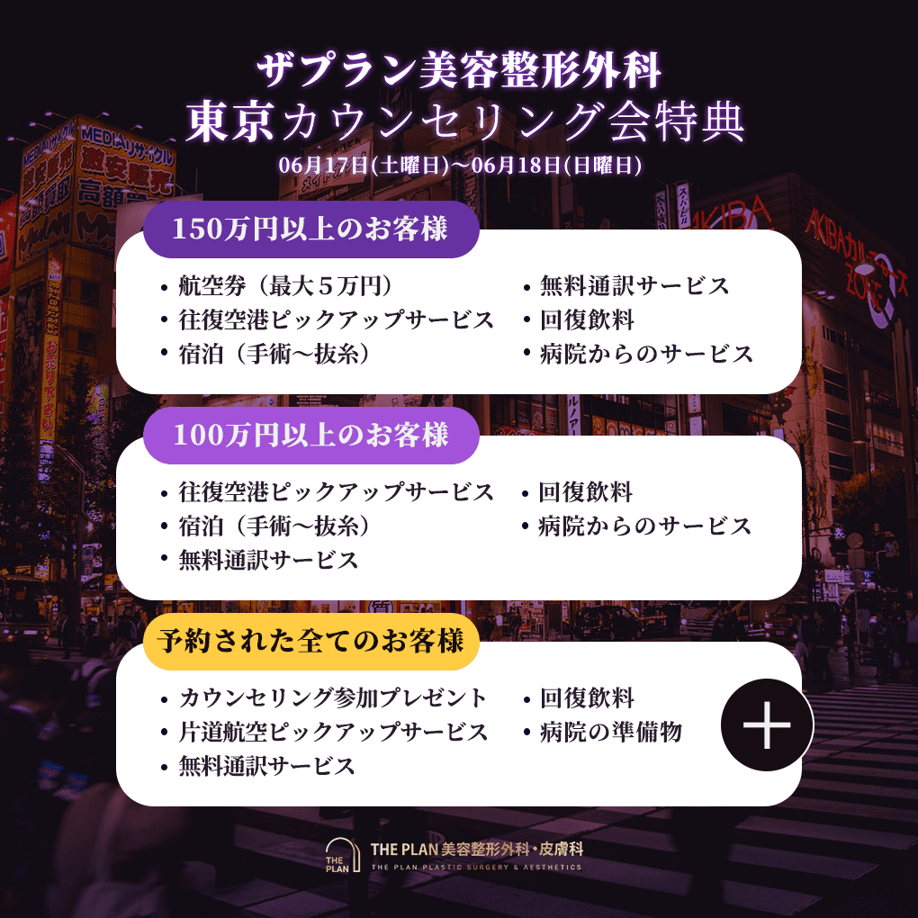 ザ·プラン美容整形外科の東京カウンセリング会参加時に得られるプロモーションについてご案内する写真です。 予約に参加するすべての方には通訳相談サービス、空港送迎サービス、回復ドリンク、相談会特別プレゼントを差し上げる予定です。追加でそれぞれ1000万ウォン以上の予約をされたお客様には最大10日の宿泊サービスが、1500万ウォン以上の予約をされたお客様には宿泊サービスに加えて航空券の支援まで!