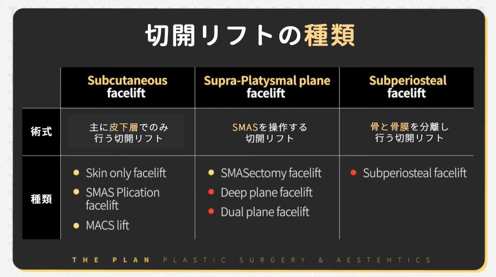 ザプラン美容整形外科のリフトアップ種類表