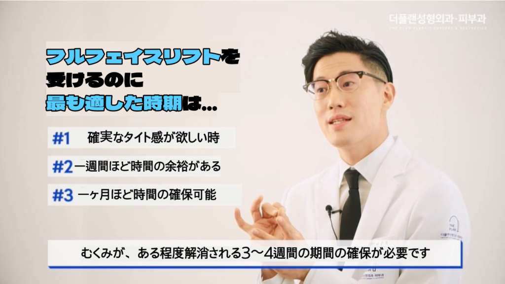 THE PLAN美容整形外科でのフルフェイスリフトの適齢期についての説明画像