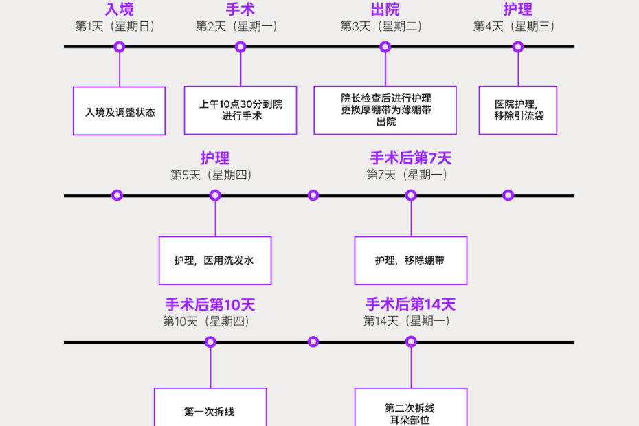 这张图片详细展示了“THEPLAN多普兰整形外科”的拉皮手术后2周恢复护理流程图。 第1-3天（入境至出院）： 周日入境；周一上午10:30手术；周二由院长检查后，更换厚绷带为薄绷带并出院。 第4-7天（术后护理）： 周三移除引流袋；周四使用医用洗发水护理；下周一（第7天）移除薄绷带。 第10-14天（拆线）： 第10天进行第一次拆线；第14天进行第二次拆线（耳朵部位）。 特别注意事项： 颈部固定器需从手术日起佩戴一个月；薄绷带需佩戴至第7天。