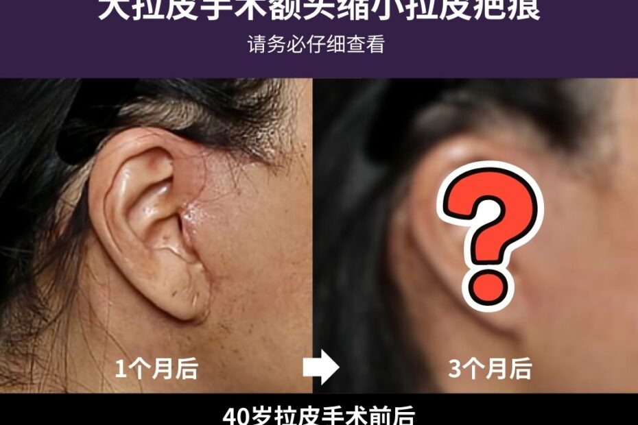 THE PLAN美容整形外科大拉皮与额头缩小提升手术的疤痕恢复记录。左图展示了术后1个月耳前切口的愈合状态，右图为术后3个月的状态（结果暂被问号遮挡），旨在引起对40岁女性术后疤痕淡化过程的关注。
