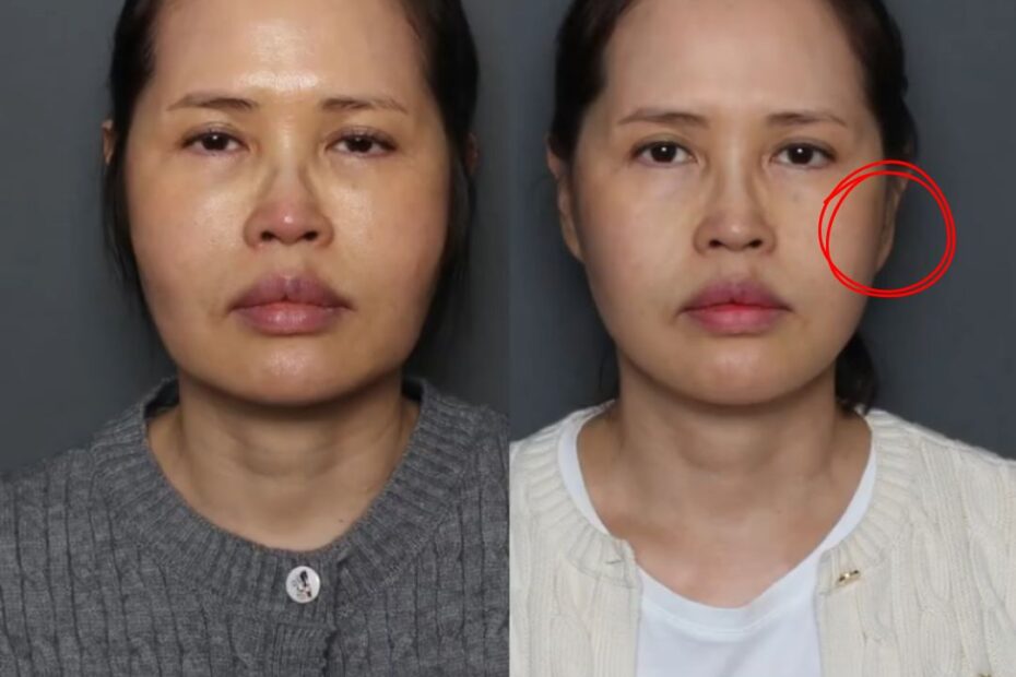 THE PLAN Plastic Surgery（ザ・プラン美容外科）の施術前と施術後の比較写真（正面）。左側が「Before（施術前）」、右側が「After（施術後）」です。Afterの写真では、向かって右側の耳たぶ周辺に赤い丸印が付けられており、耳の形（ピクシーイヤー）に焦点が当てられています。全体的にフェイスラインがすっきりした印象になっています。