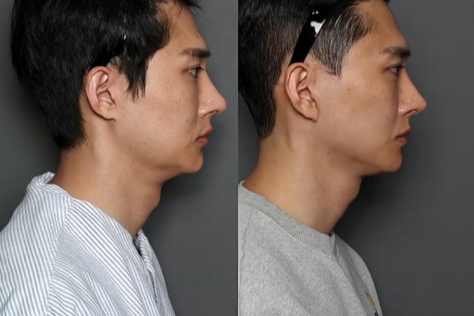 一名30岁男性的面部轮廓整形术前术后正面对比照。术前下颌角较宽,脸型呈现明显的梯形,下巴略短;术后脸型变为精致的V脸,面部线条更加柔和、对称,整体视觉效果更加清爽。