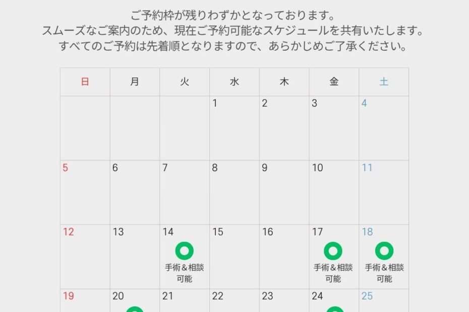 ザプラン美容外科（THE PLAN PLASTIC SURGERY）の4月の予約可能スケジュールを示すカレンダー画像。 上部には以下の案内文が記載されています。 「ご予約枠が残りわずかとなっております。スムーズなご案内のため、現在ご予約可能なスケジュールを共有いたします。すべてのご予約は先着順となりますので、あらかじめご了承ください。」 カレンダー上で、緑色の丸印とともに「手術＆相談可能」と記載されている日程は以下の通りです。